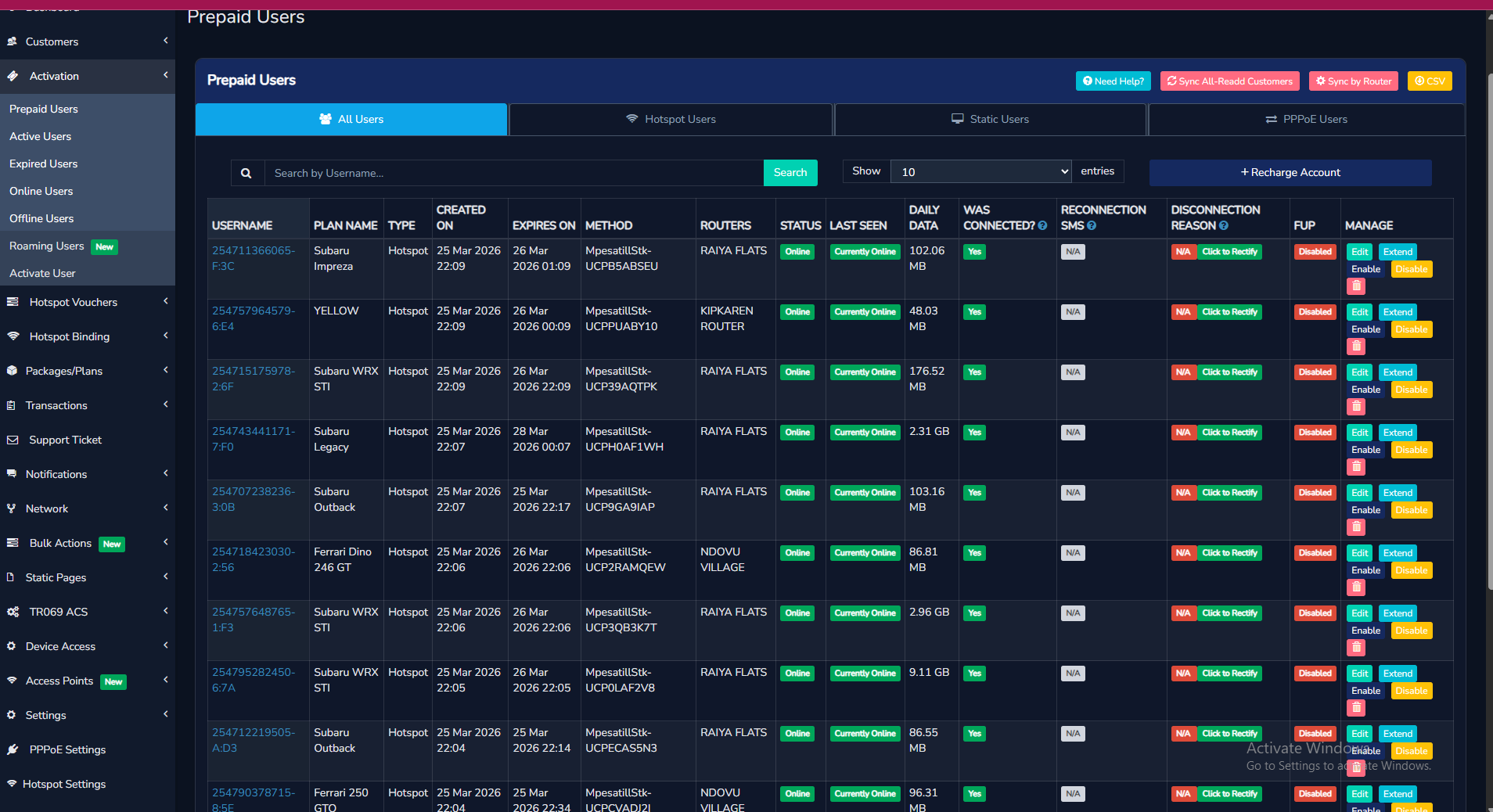 Hotspot Nigeria prepaid users management showing customer status and billing